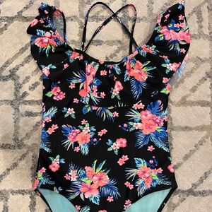 floral bathing suit with flutter top
